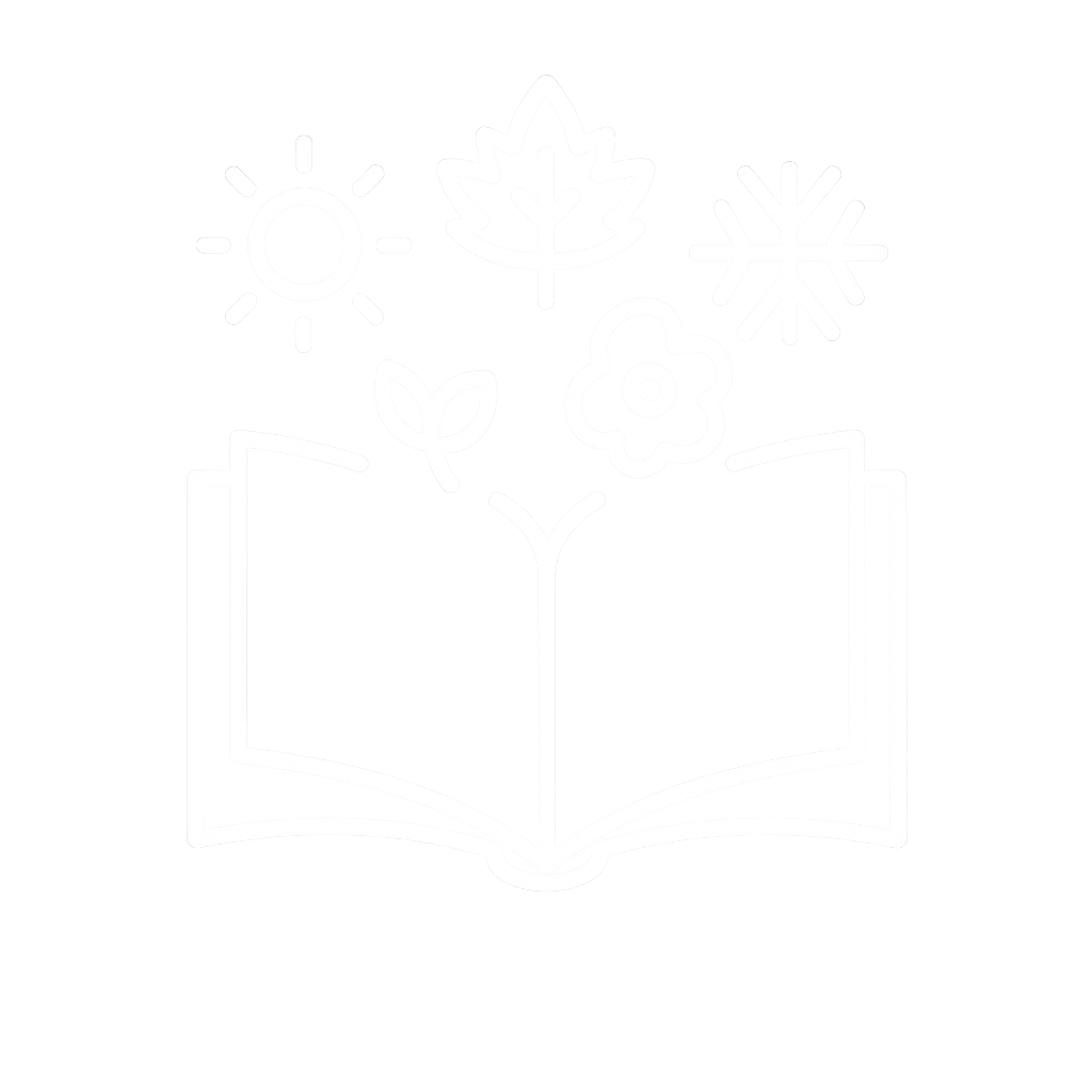 Icoon van een open boek waaruit fantasie en belevingswereld ontstaan, met symbolen zoals zon, blad en bloem.