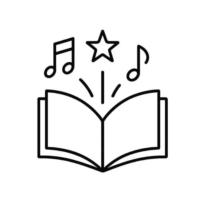 Open boek icoon met muzieknoten en ster – voorleesvoorstellingen De Kinderboekendealer